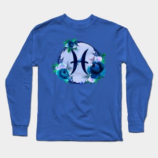 Pisces Zodiac Horoscope Blue Floral Monogram Long Sleeve T-Shirt